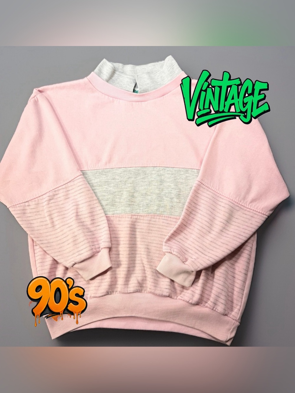 Vintage 90s Center Aisle Mock Neck Sweatshirt M Pink Gray Colorblock Striped 80s